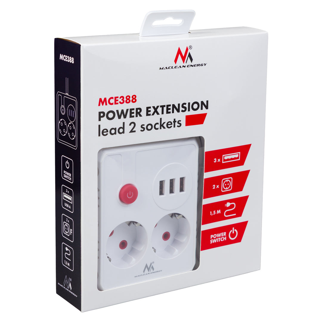 Maclean Steckdosenleiste, Verlängerungskabel 2 Steckdosen + 3xUSB, 110-240V AC 50/60Hz, 2,1A max 2500W, 1,5m, weiß, MCE387 W