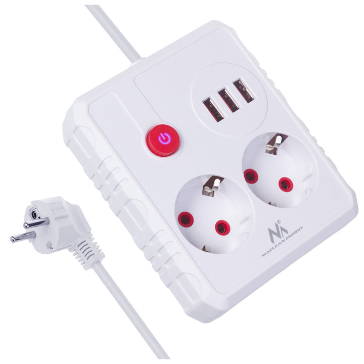 Maclean Steckdosenleiste, Verlängerungskabel 2 Steckdosen + 3xUSB, 110-240V AC 50/60Hz, 2,1A max 2500W, 1,5m, weiß, MCE387 W