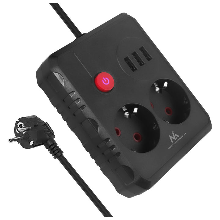 Maclean Steckdosenleiste, 2-Steckdosen-Verlängerungskabel + 3xUSB, 110-240V AC 50/60Hz, 2,1A max 2500W, 1,5m, schwarz, MCE387 B