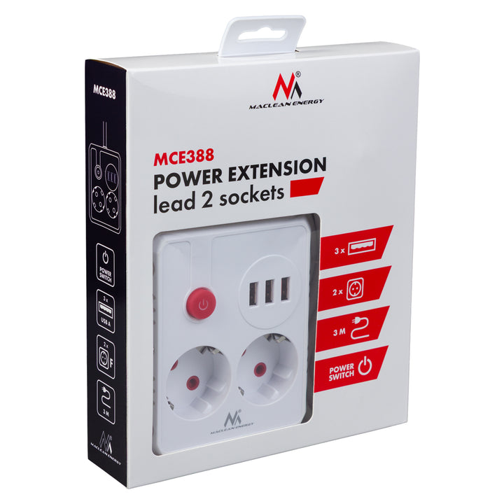 Maclean Steckdosenleiste, Verlängerungskabel 2 Steckdosen + 3xUSB, 110-240V AC 50/60Hz, 2,1A max 2500W, 3 m, weiß, MCE388 W