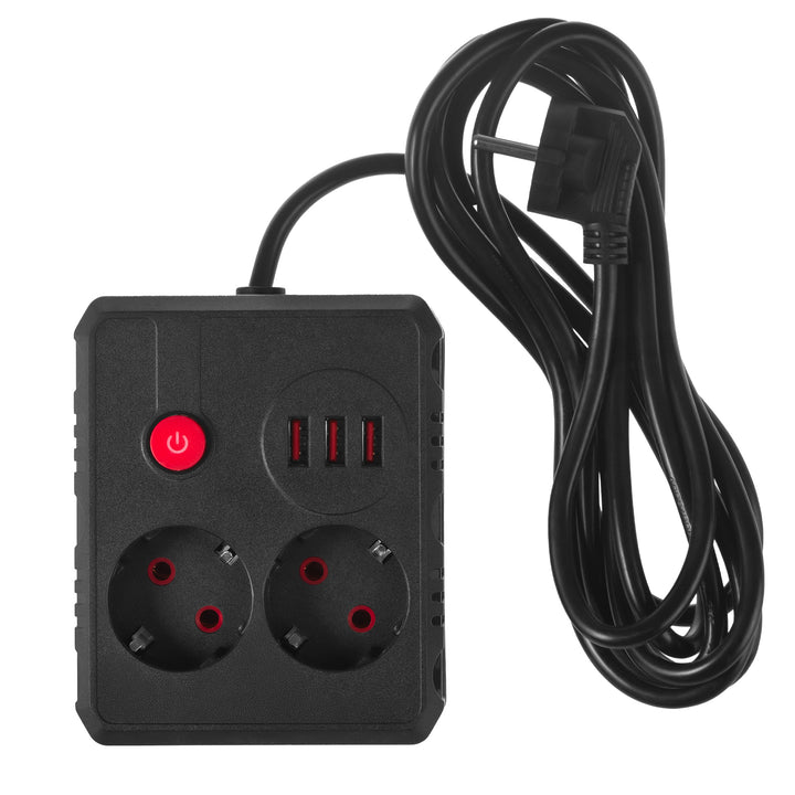 Maclean Steckdosenleiste, Verlängerungskabel 2 Steckdosen + 3xUSB, 110-240V AC 50/60Hz, 2,1A max 2500W, 3 m, schwarz, MCE388 B