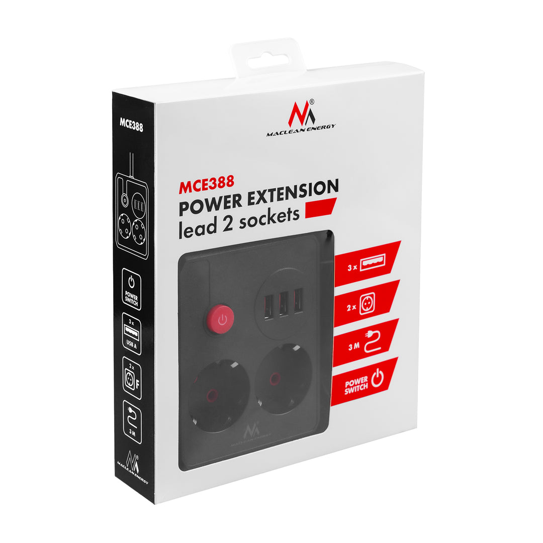 Maclean Steckdosenleiste, Verlängerungskabel 2 Steckdosen + 3xUSB, 110-240V AC 50/60Hz, 2,1A max 2500W, 3 m, schwarz, MCE388 B