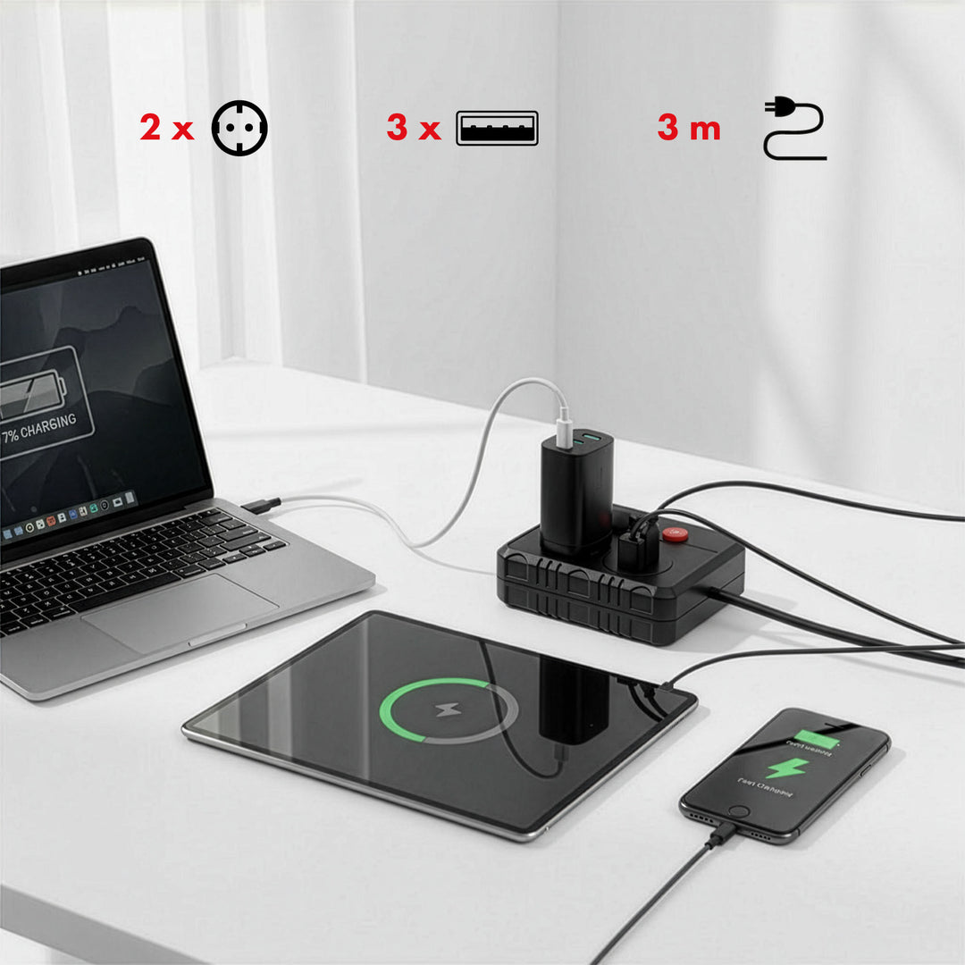Maclean Steckdosenleiste, Verlängerungskabel 2 Steckdosen + 3xUSB, 110-240V AC 50/60Hz, 2,1A max 2500W, 3 m, schwarz, MCE388 B