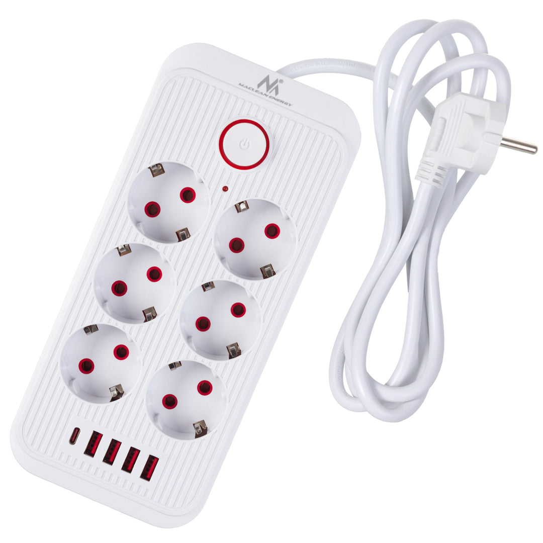 Maclean Steckdosenleiste, 6-fach Verlängerungskabel + 4xUSB, 110-240V AC 50/60Hz, 2,1A max 2500W, 1,5 m, weiß, MCE389 W