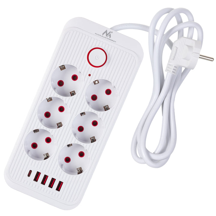 Maclean Steckdosenleiste, 6-fach Verlängerungskabel + 4xUSB, 110-240V AC 50/60Hz, 2,1A max 2500W, 1,5 m, weiß, MCE389 W