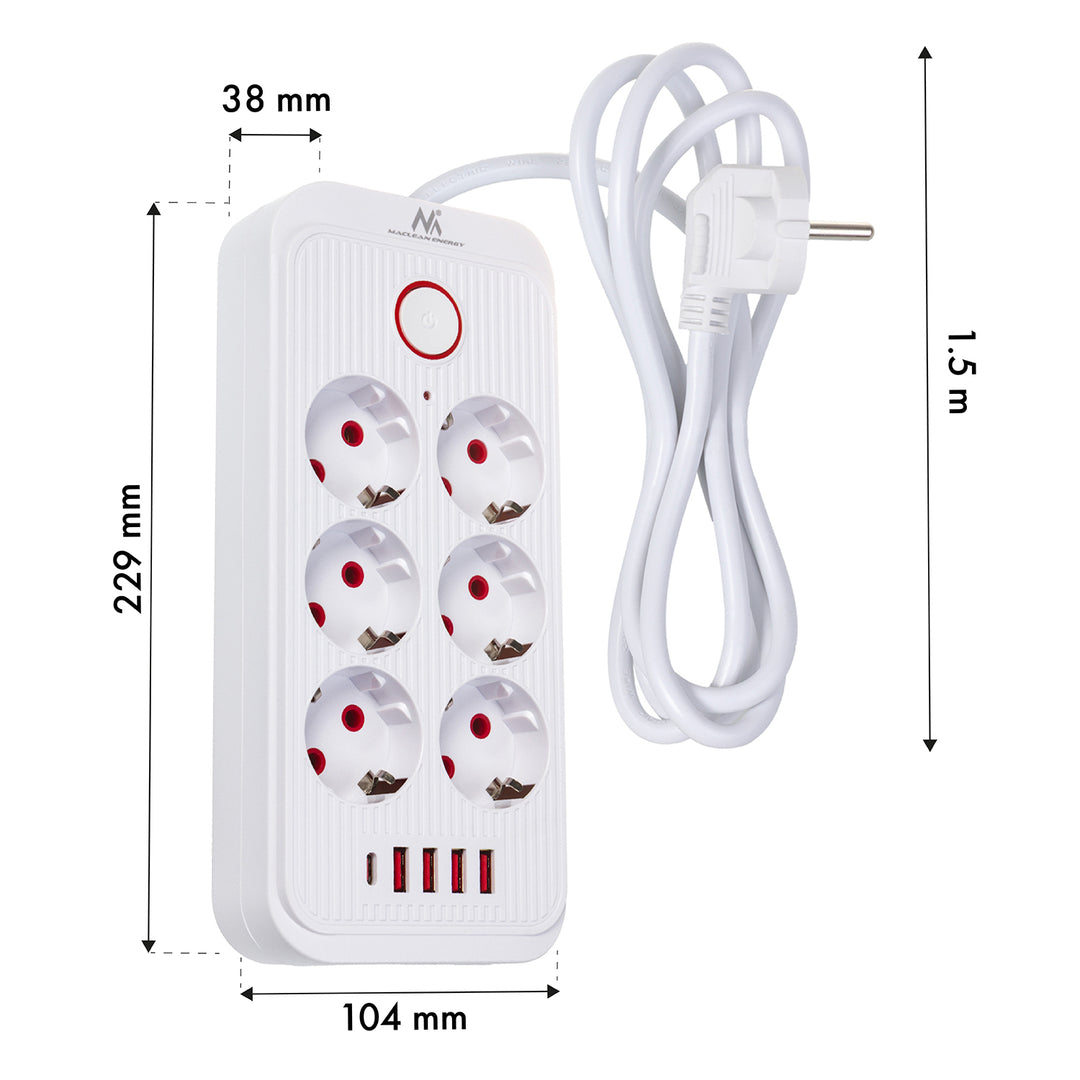 Maclean Steckdosenleiste, 6-fach Verlängerungskabel + 4xUSB, 110-240V AC 50/60Hz, 2,1A max 2500W, 1,5 m, weiß, MCE389 W