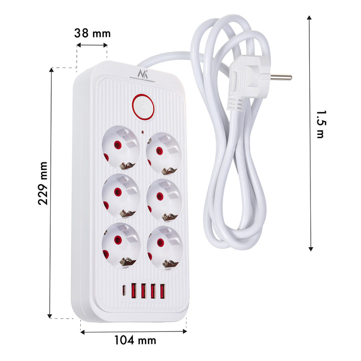 Maclean Steckdosenleiste, 6-fach Verlängerungskabel + 4xUSB, 110-240V AC 50/60Hz, 2,1A max 2500W, 1,5 m, weiß, MCE389 W