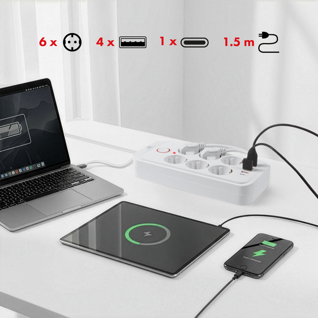 Maclean Steckdosenleiste, 6-fach Verlängerungskabel + 4xUSB, 110-240V AC 50/60Hz, 2,1A max 2500W, 1,5 m, weiß, MCE389 W