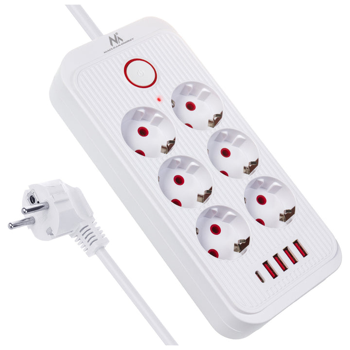 Maclean Steckdosenleiste, 6-fach Verlängerungskabel + 4xUSB, 110-240V AC 50/60Hz, 2,1A max 2500W, 1,5 m, weiß, MCE389 W