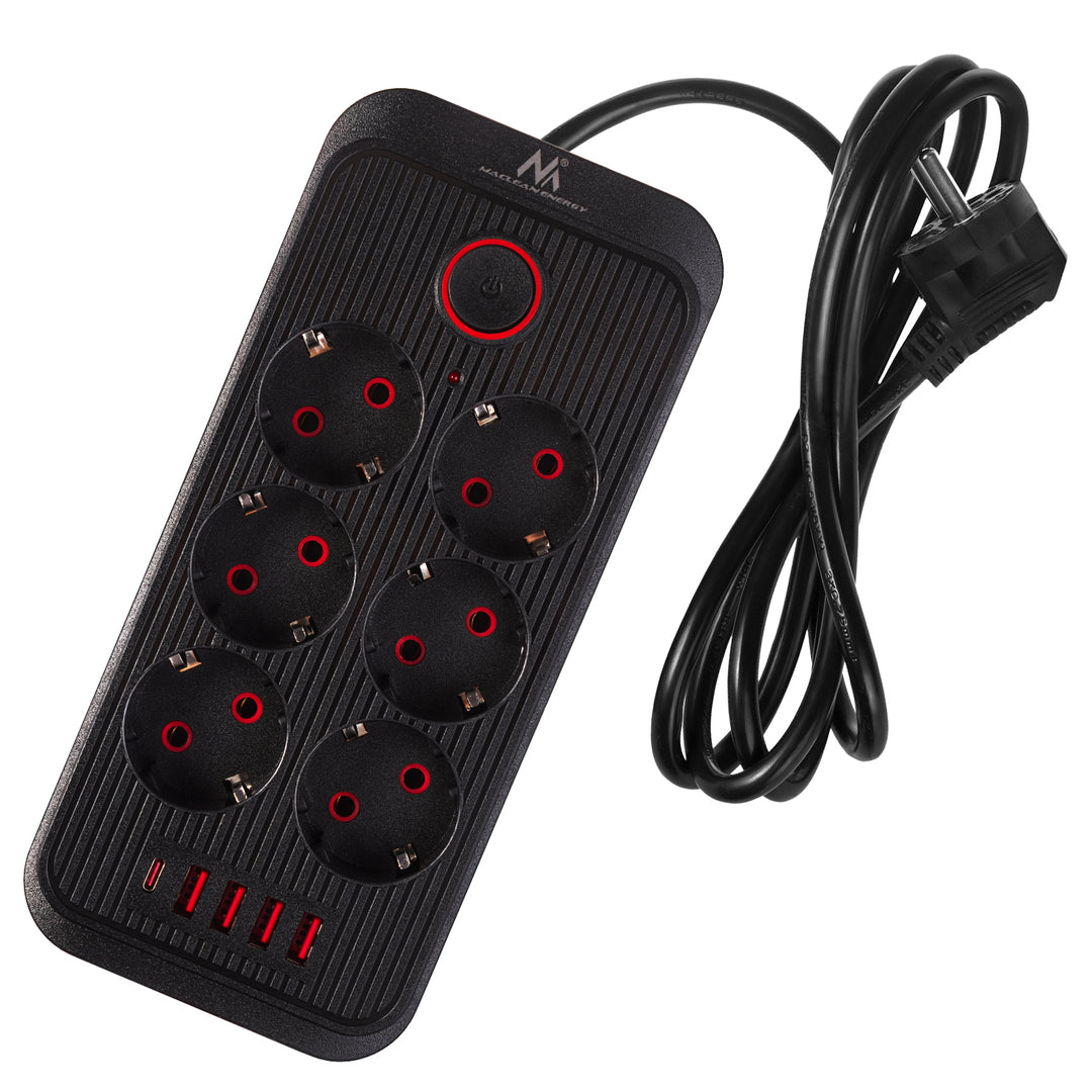 Maclean Steckdosenleiste, 6-fach Verlängerungskabel + 4xUSB, 110-240V AC 50/60Hz, 2,1A max 2500W, 1,5 m, schwarz, MCE389 B