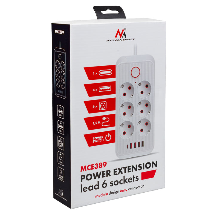 Maclean Steckdosenleiste, 6-fach Verlängerungskabel + 4xUSB, 110-240V AC 50/60Hz, 2,1A max 2500W, 1,5 m, schwarz, MCE389 B