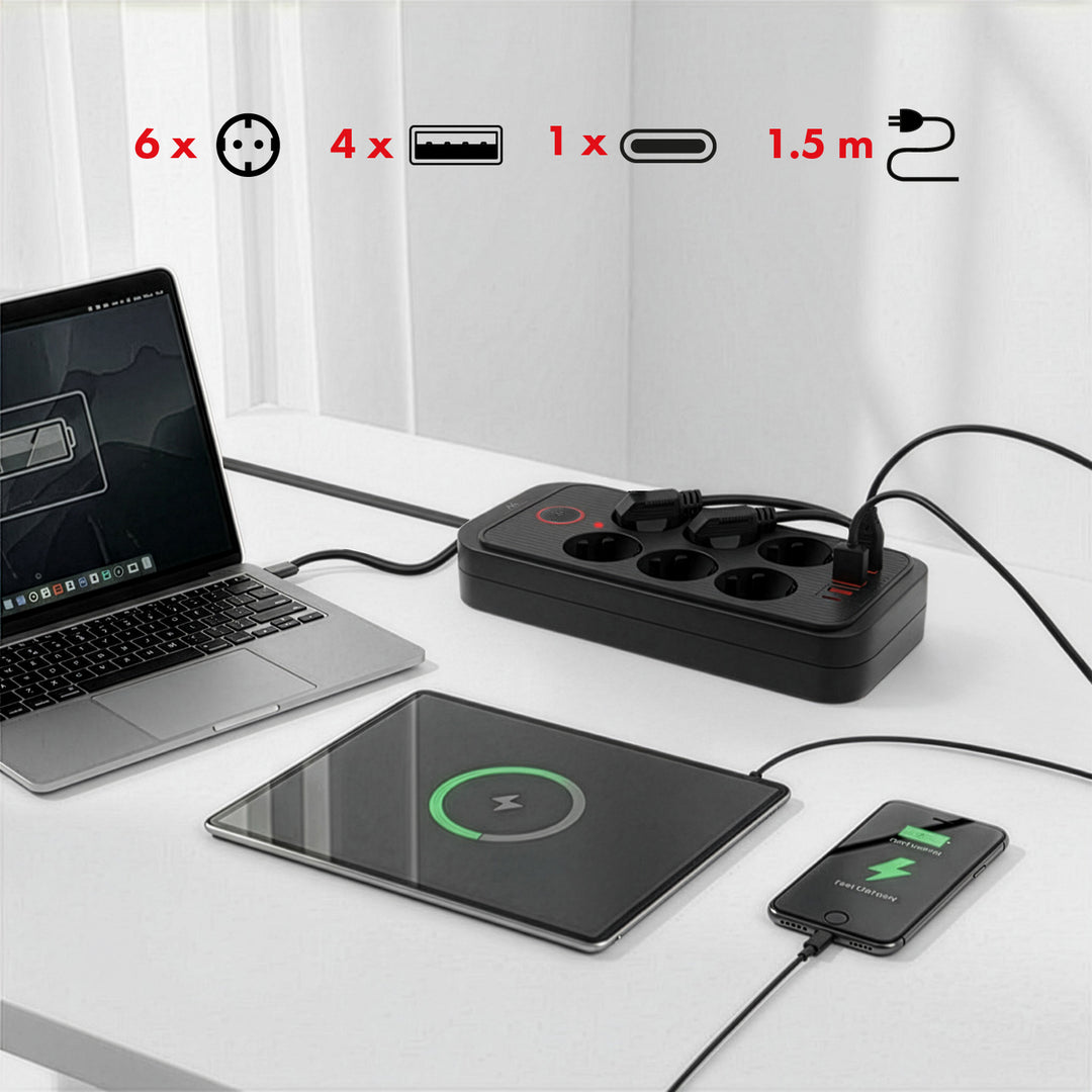 Maclean Steckdosenleiste, 6-fach Verlängerungskabel + 4xUSB, 110-240V AC 50/60Hz, 2,1A max 2500W, 1,5 m, schwarz, MCE389 B