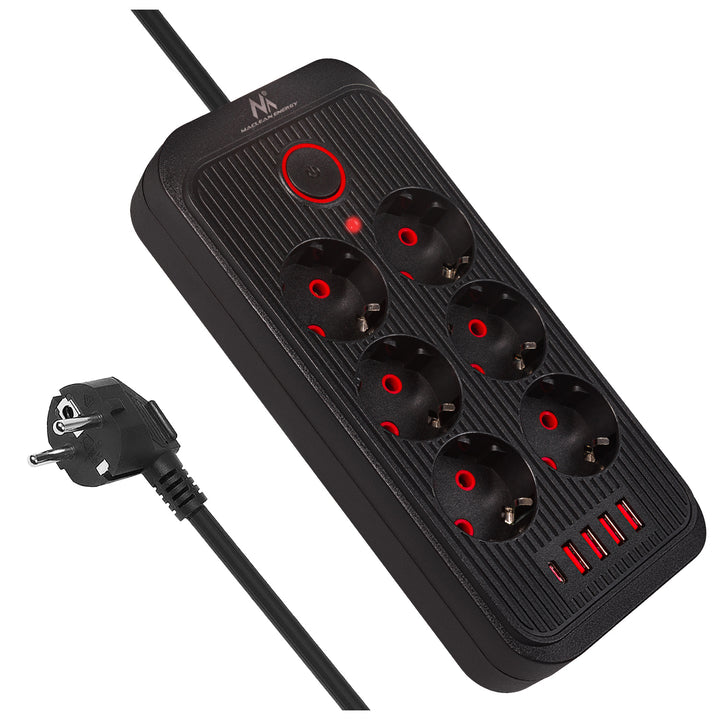 Maclean Steckdosenleiste, 6-fach Verlängerungskabel + 4xUSB, 110-240V AC 50/60Hz, 2,1A max 2500W, 1,5 m, schwarz, MCE389 B