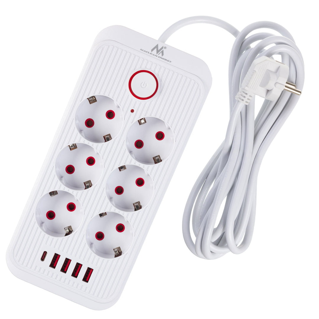 Maclean Steckdosenleiste, 6-fach Verlängerungskabel + 4xUSB, 110-240V AC 50/60Hz, 2.1A max 2500W, 3m, weiß, MCE391 W