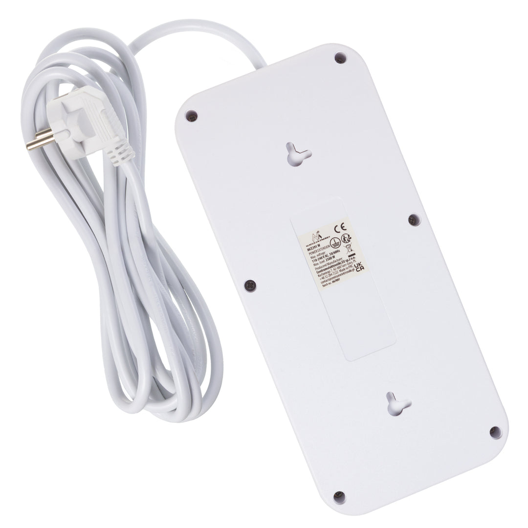Maclean Steckdosenleiste, 6-fach Verlängerungskabel + 4xUSB, 110-240V AC 50/60Hz, 2.1A max 2500W, 3m, weiß, MCE391 W