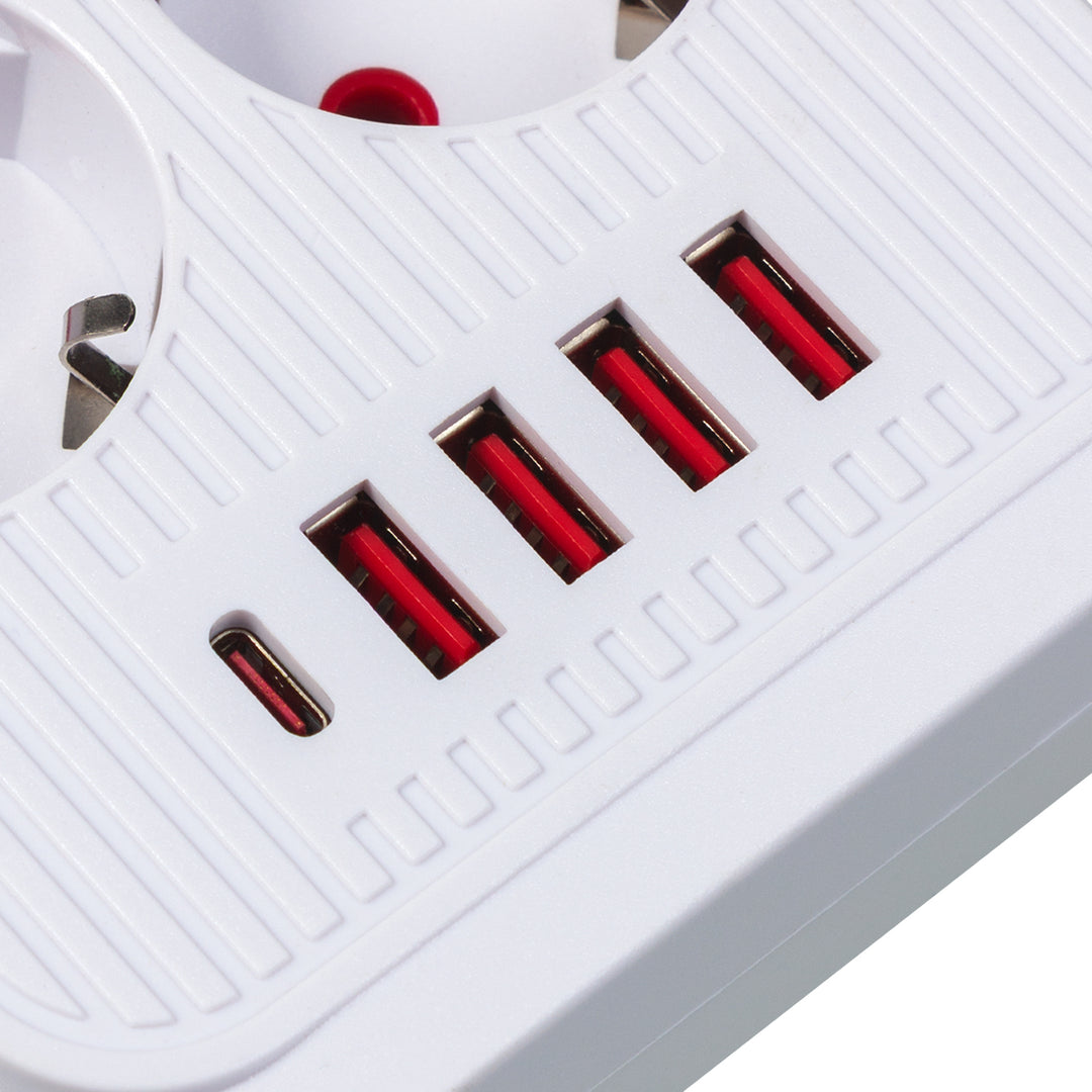Maclean Steckdosenleiste, 6-fach Verlängerungskabel + 4xUSB, 110-240V AC 50/60Hz, 2.1A max 2500W, 3m, weiß, MCE391 W
