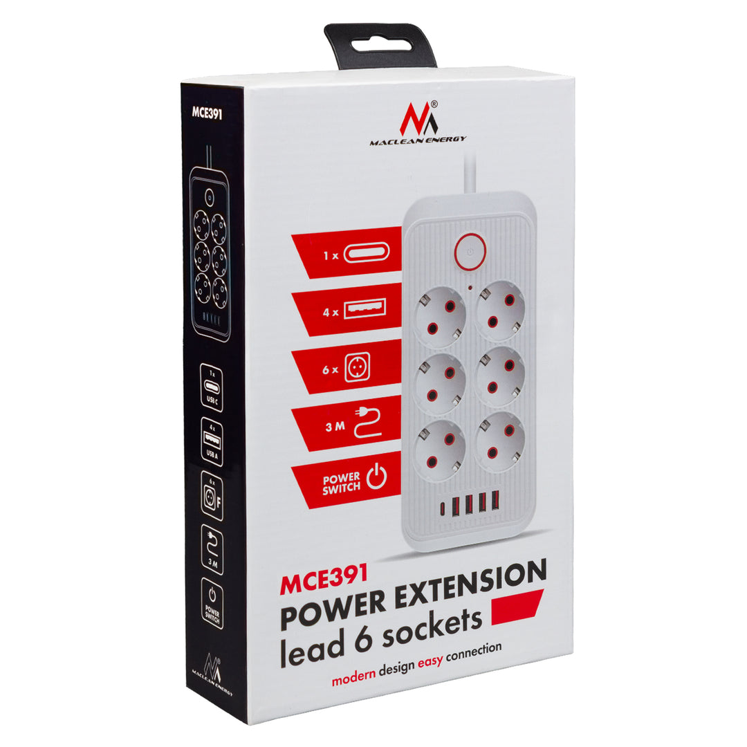 Maclean Steckdosenleiste, 6-fach Verlängerungskabel + 4xUSB, 110-240V AC 50/60Hz, 2.1A max 2500W, 3m, weiß, MCE391 W
