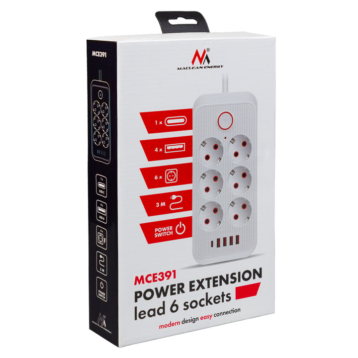 Maclean Steckdosenleiste, 6-fach Verlängerungskabel + 4xUSB, 110-240V AC 50/60Hz, 2.1A max 2500W, 3m, weiß, MCE391 W