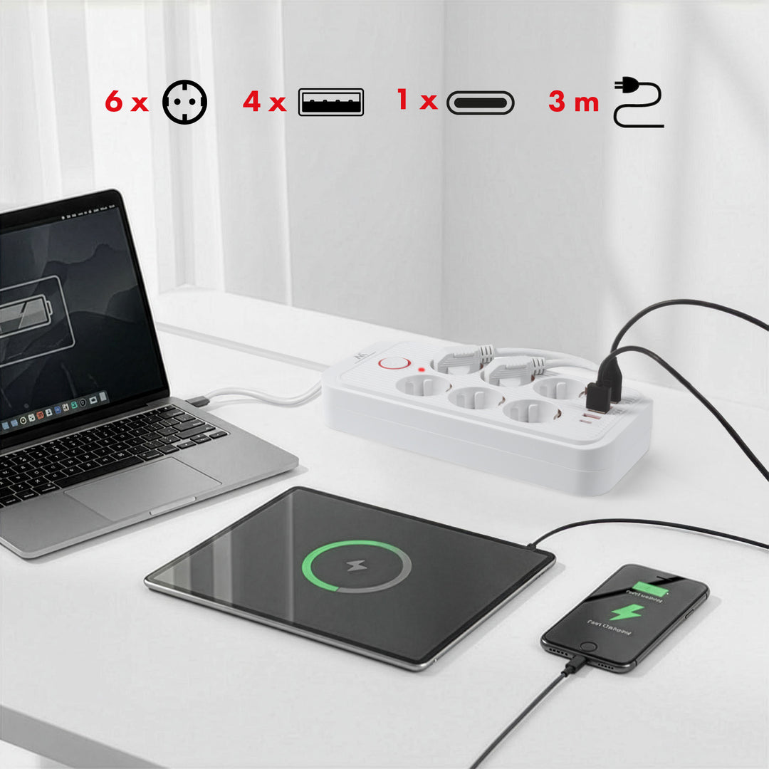 Maclean Steckdosenleiste, 6-fach Verlängerungskabel + 4xUSB, 110-240V AC 50/60Hz, 2.1A max 2500W, 3m, weiß, MCE391 W