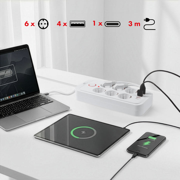Maclean Steckdosenleiste, 6-fach Verlängerungskabel + 4xUSB, 110-240V AC 50/60Hz, 2.1A max 2500W, 3m, weiß, MCE391 W