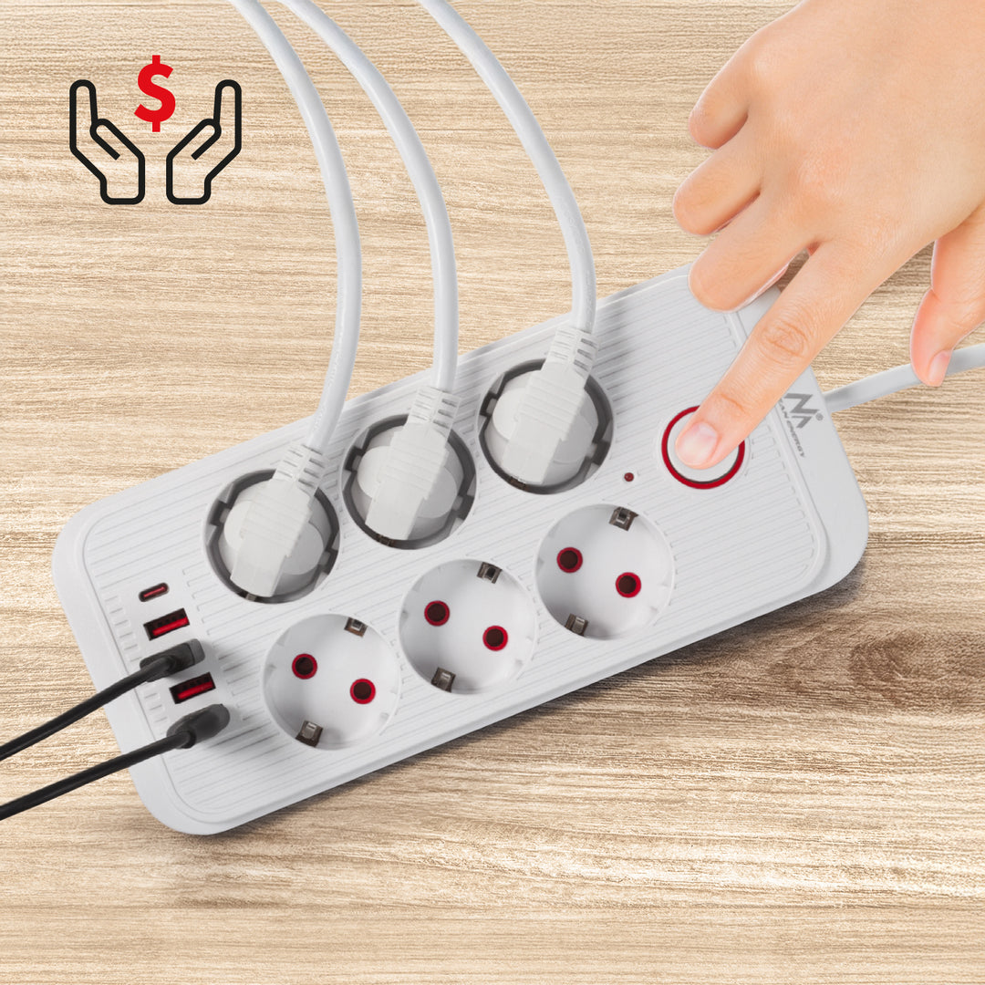 Maclean Steckdosenleiste, 6-fach Verlängerungskabel + 4xUSB, 110-240V AC 50/60Hz, 2.1A max 2500W, 3m, weiß, MCE391 W