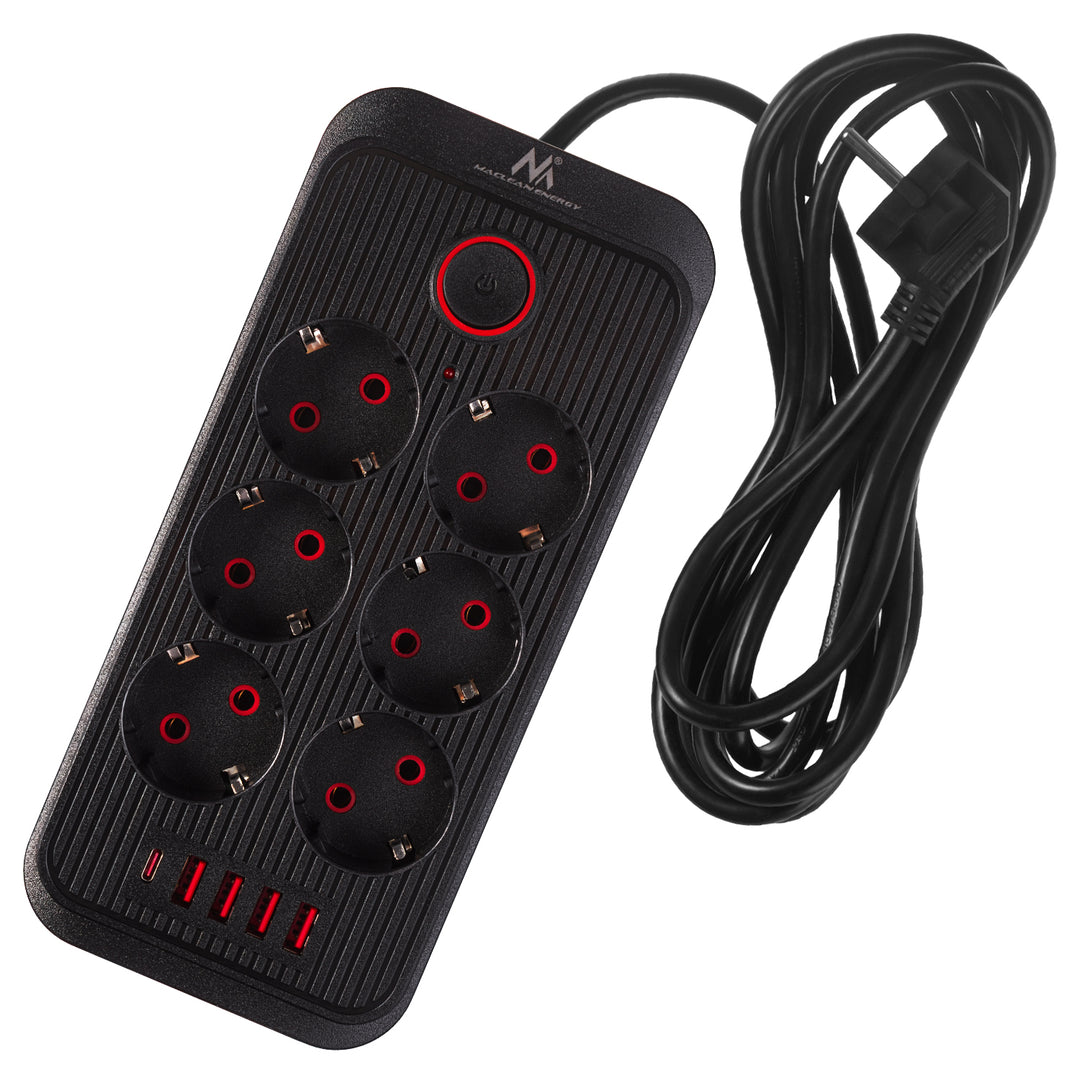 Maclean Steckdosenleiste, 6-fach Verlängerungskabel + 4xUSB, 110-240V AC 50/60Hz, 2.1A max 2500W, 3m, schwarz, MCE391 B