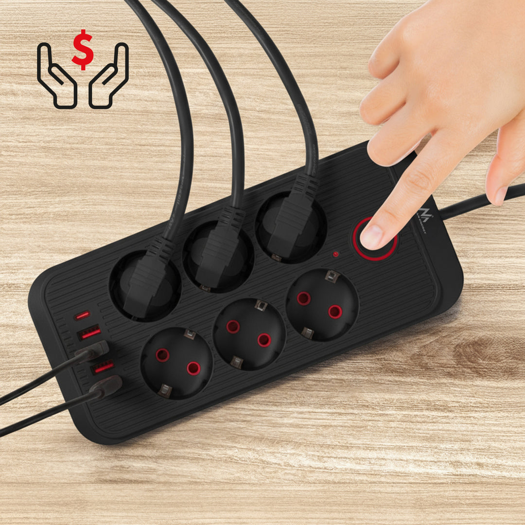 Maclean Steckdosenleiste, 6-fach Verlängerungskabel + 4xUSB, 110-240V AC 50/60Hz, 2.1A max 2500W, 3m, schwarz, MCE391 B