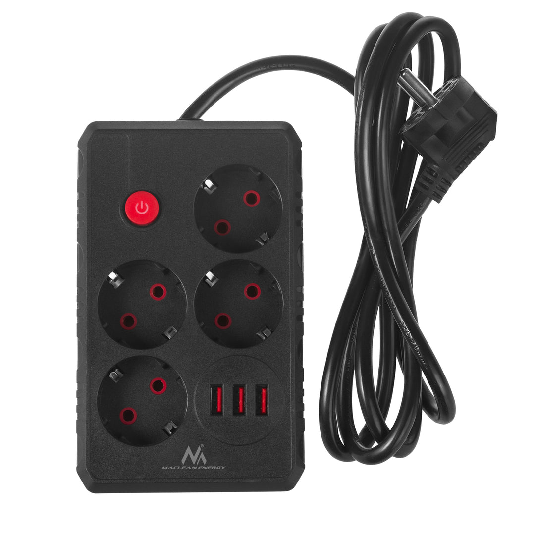 Maclean Steckdosenleiste, 4-Steckdosen-Verlängerungskabel + 3xUSB, 110-240V AC 50/60Hz, 2,1A max 2500W, 1,5m, schwarz, MCE392 B