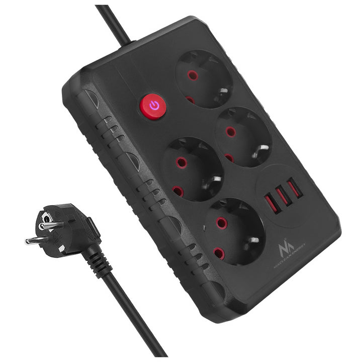 Maclean Steckdosenleiste, 4-Steckdosen-Verlängerungskabel + 3xUSB, 110-240V AC 50/60Hz, 2,1A max 2500W, 1,5m, schwarz, MCE392 B
