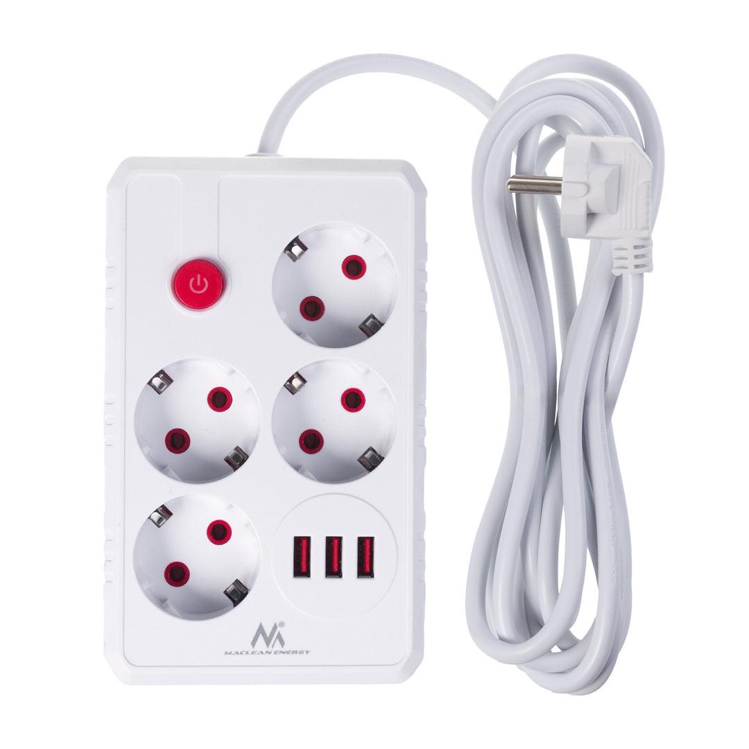 Maclean Steckdosenleiste, 4-Steckdosen-Verlängerungskabel + 3xUSB, 110-240V AC 50/60Hz, 2.1A max 2500W, 3m, weiß, MCE393 W
