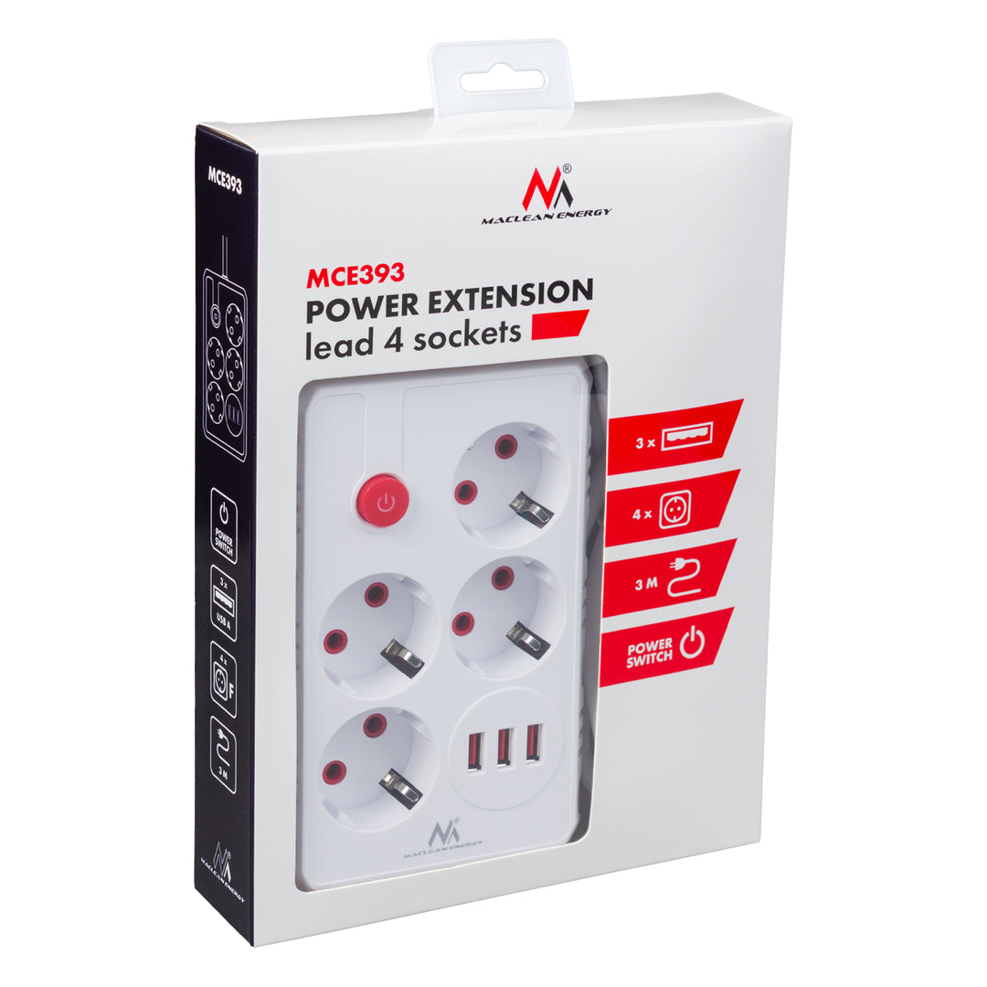 Maclean Steckdosenleiste, 4-Steckdosen-Verlängerungskabel + 3xUSB, 110-240V AC 50/60Hz, 2.1A max 2500W, 3m, weiß, MCE393 W