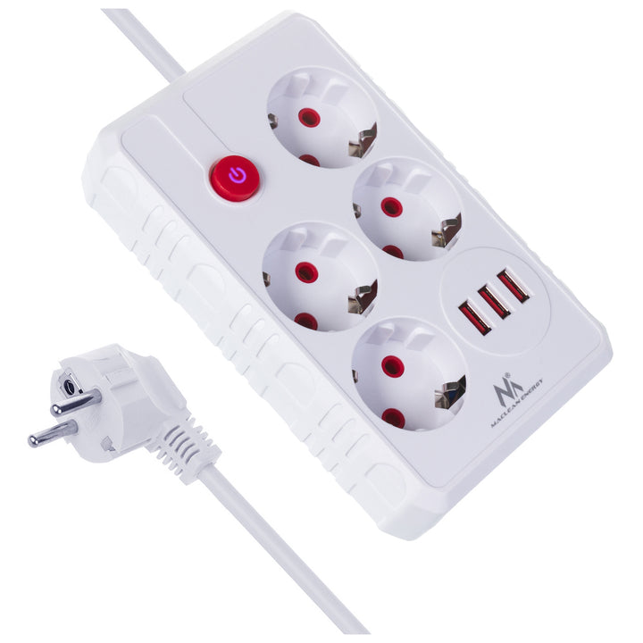 Maclean Steckdosenleiste, 4-Steckdosen-Verlängerungskabel + 3xUSB, 110-240V AC 50/60Hz, 2.1A max 2500W, 3m, weiß, MCE393 W