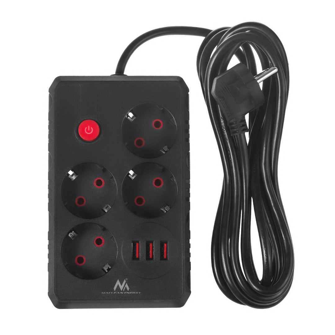 Maclean Steckdosenleiste, 4-Steckdosen-Verlängerungskabel + 3xUSB, 110-240V AC 50/60Hz, 2.1A max 2500W, 3m, schwarz, MCE393 B