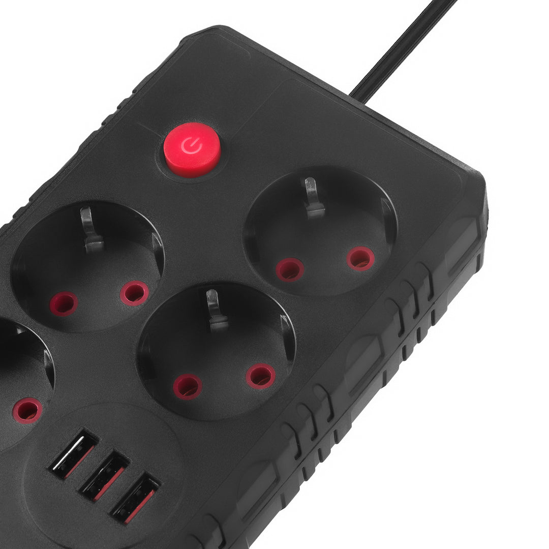 Maclean Steckdosenleiste, 4-Steckdosen-Verlängerungskabel + 3xUSB, 110-240V AC 50/60Hz, 2.1A max 2500W, 3m, schwarz, MCE393 B
