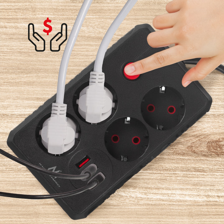 Maclean Steckdosenleiste, 4-Steckdosen-Verlängerungskabel + 3xUSB, 110-240V AC 50/60Hz, 2.1A max 2500W, 3m, schwarz, MCE393 B