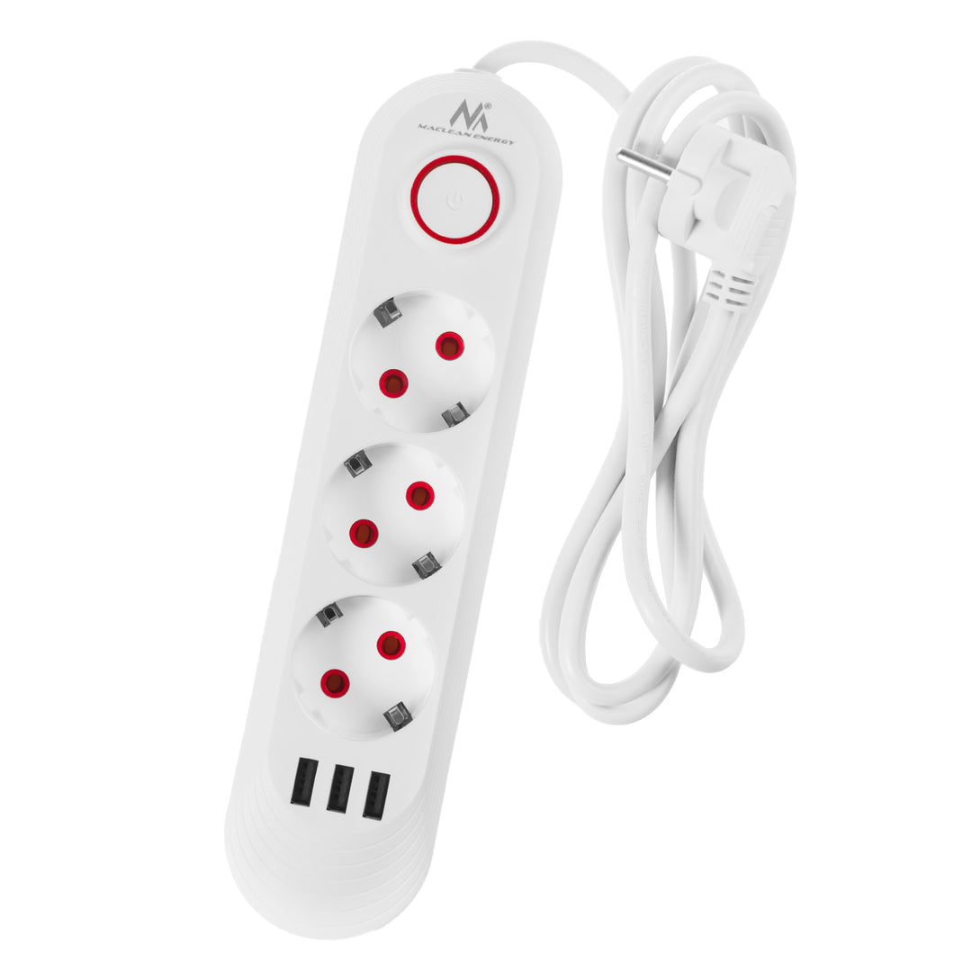 Maclean Steckdosenleiste, 3-Steckdosen-Verlängerungskabel + 3xUSB, 110-240V AC 50/60Hz, 2,1A max 2500W, 1,5m, weiß, MCE394 W