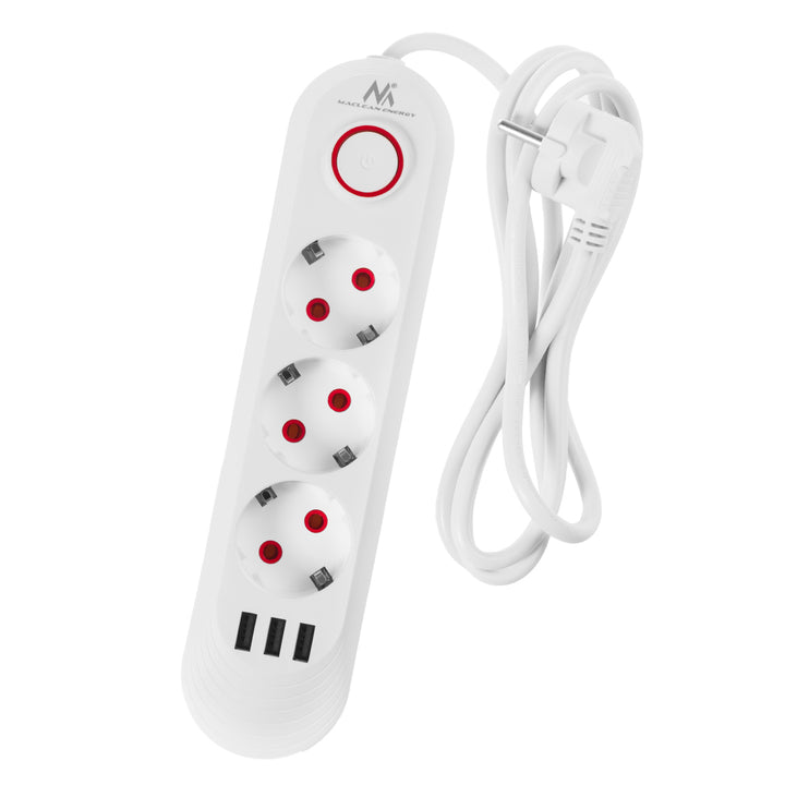 Maclean Steckdosenleiste, 3-Steckdosen-Verlängerungskabel + 3xUSB, 110-240V AC 50/60Hz, 2,1A max 2500W, 1,5m, weiß, MCE394 W