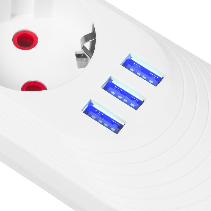 Maclean Steckdosenleiste, 3-Steckdosen-Verlängerungskabel + 3xUSB, 110-240V AC 50/60Hz, 2,1A max 2500W, 1,5m, weiß, MCE394 W