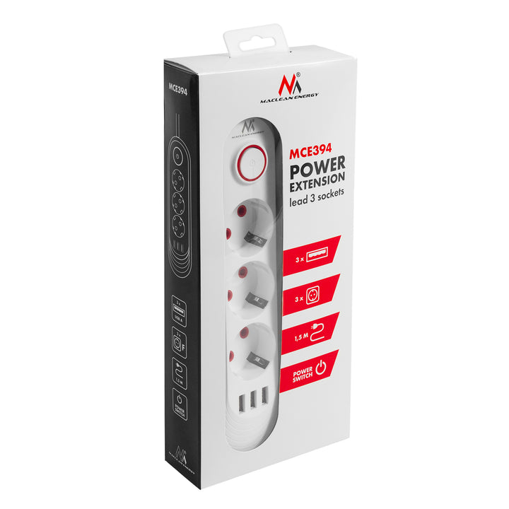 Maclean Steckdosenleiste, 3-Steckdosen-Verlängerungskabel + 3xUSB, 110-240V AC 50/60Hz, 2,1A max 2500W, 1,5m, weiß, MCE394 W
