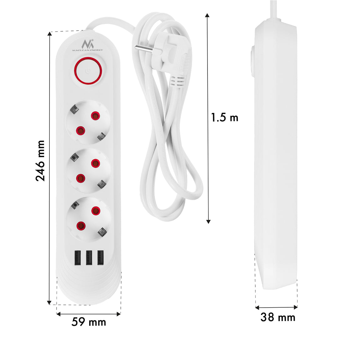 Maclean Steckdosenleiste, 3-Steckdosen-Verlängerungskabel + 3xUSB, 110-240V AC 50/60Hz, 2,1A max 2500W, 1,5m, weiß, MCE394 W