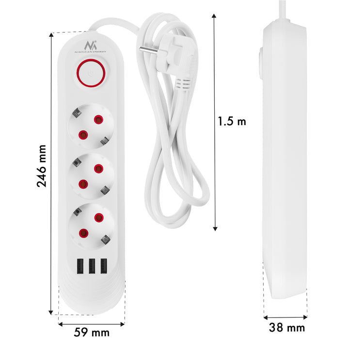 Maclean Steckdosenleiste, 3-Steckdosen-Verlängerungskabel + 3xUSB, 110-240V AC 50/60Hz, 2,1A max 2500W, 1,5m, weiß, MCE394 W