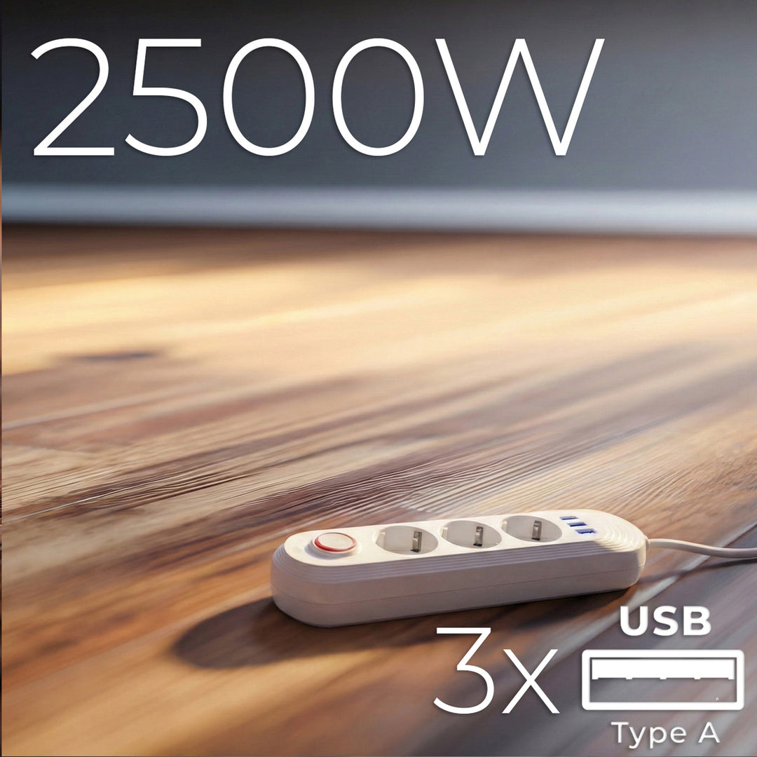 Maclean Steckdosenleiste, 3-Steckdosen-Verlängerungskabel + 3xUSB, 110-240V AC 50/60Hz, 2,1A max 2500W, 1,5m, weiß, MCE394 W