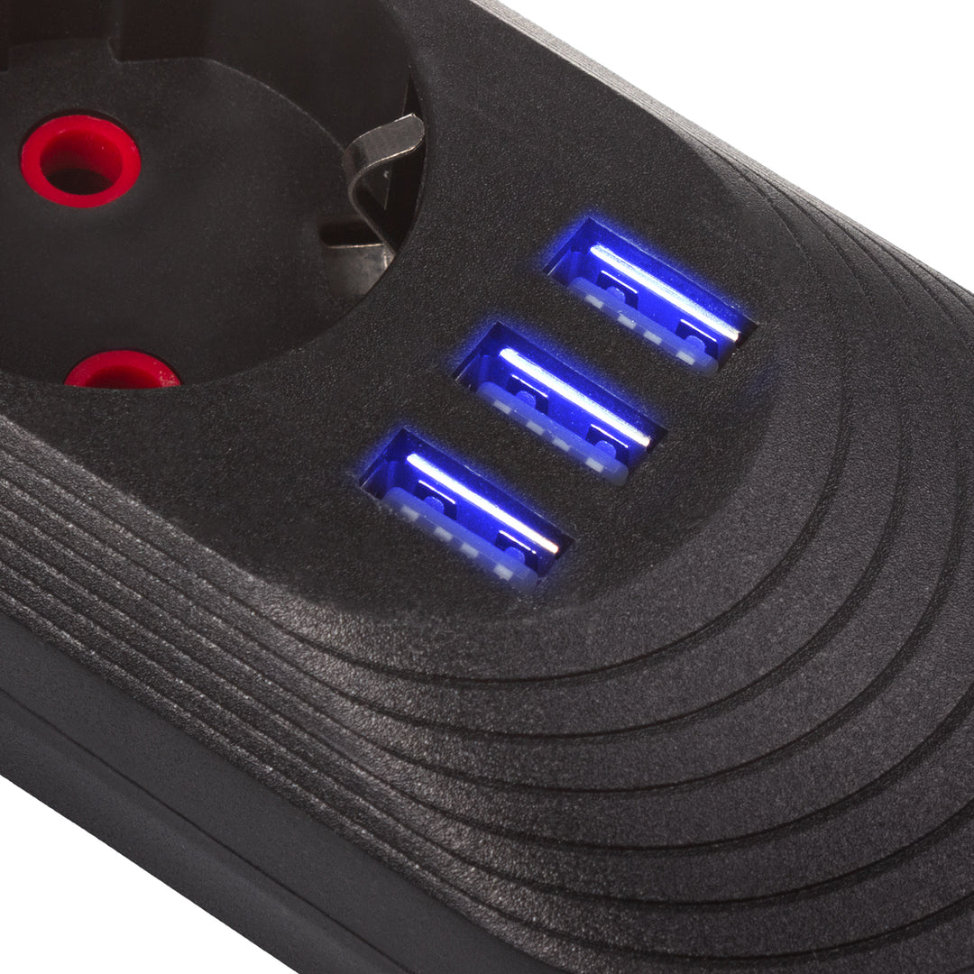 Maclean Steckdosenleiste, 3-Steckdosen-Verlängerungskabel + 3xUSB, 110-240V AC 50/60Hz, 2,1A max 2500W, 1,5m, schwarz, MCE394 B