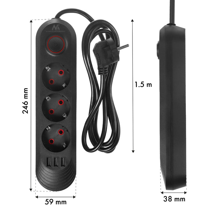 Maclean Steckdosenleiste, 3-Steckdosen-Verlängerungskabel + 3xUSB, 110-240V AC 50/60Hz, 2,1A max 2500W, 1,5m, schwarz, MCE394 B