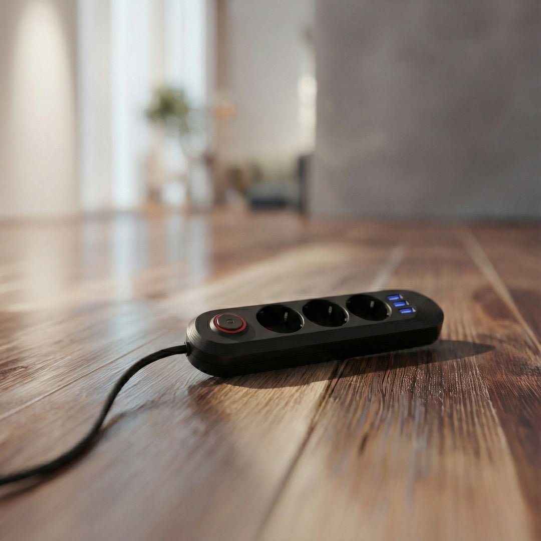 Maclean Steckdosenleiste, 3-Steckdosen-Verlängerungskabel + 3xUSB, 110-240V AC 50/60Hz, 2,1A max 2500W, 1,5m, schwarz, MCE394 B