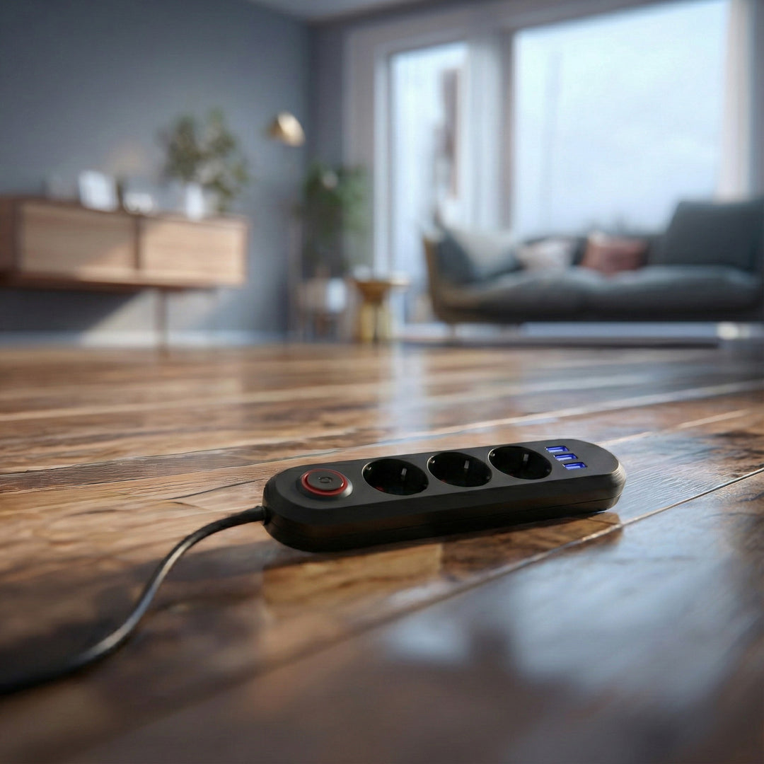 Maclean Steckdosenleiste, 3-Steckdosen-Verlängerungskabel + 3xUSB, 110-240V AC 50/60Hz, 2,1A max 2500W, 1,5m, schwarz, MCE394 B