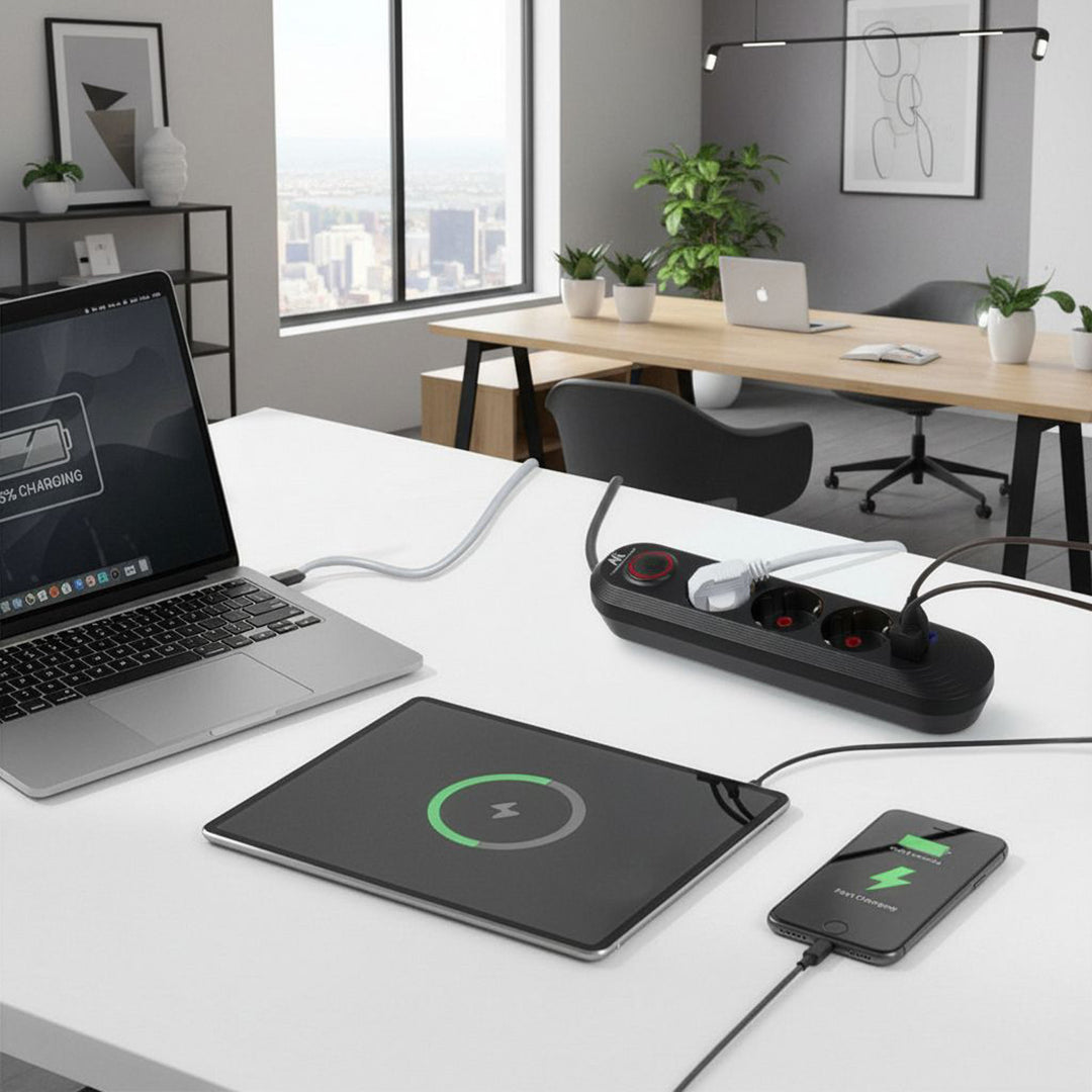 Maclean Steckdosenleiste, 3-Steckdosen-Verlängerungskabel + 3xUSB, 110-240V AC 50/60Hz, 2,1A max 2500W, 1,5m, schwarz, MCE394 B