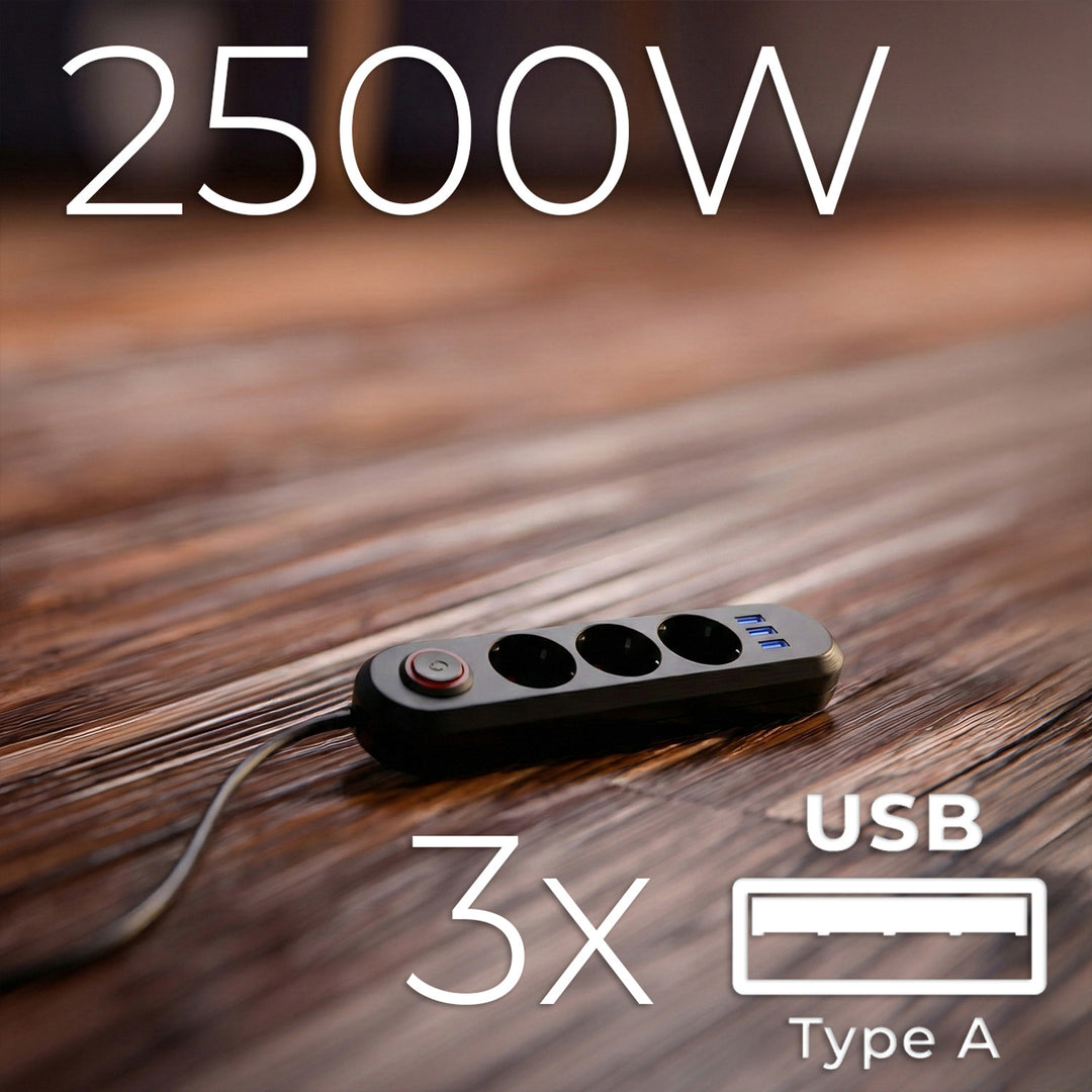 Maclean Steckdosenleiste, 3-Steckdosen-Verlängerungskabel + 3xUSB, 110-240V AC 50/60Hz, 2,1A max 2500W, 1,5m, schwarz, MCE394 B