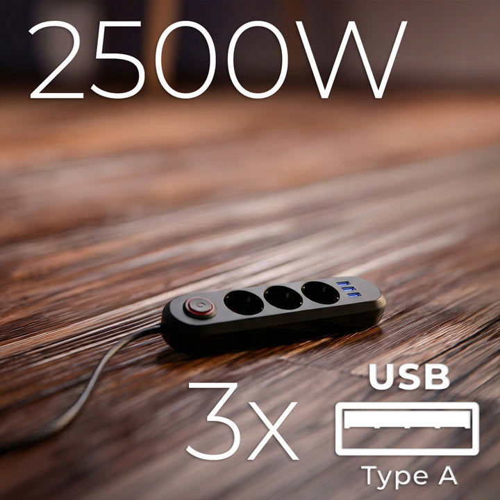 Maclean Steckdosenleiste, 3-Steckdosen-Verlängerungskabel + 3xUSB, 110-240V AC 50/60Hz, 2,1A max 2500W, 1,5m, schwarz, MCE394 B