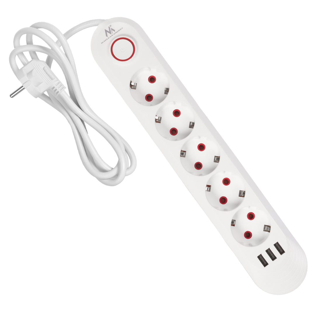 Maclean Steckdosenleiste, 5 Steckdosen-Verlängerungskabel + 3xUSB, 110-240V AC 50/60Hz, 2,1A max 2500W, 1,5m, weiß, MCE395 W